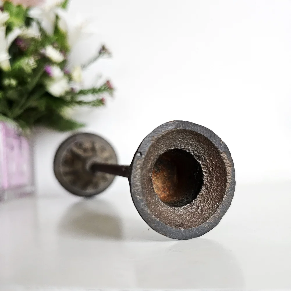 Antique Wrought Cast Iron Goth Candlestick Pillar CandleHolder & Green Candle